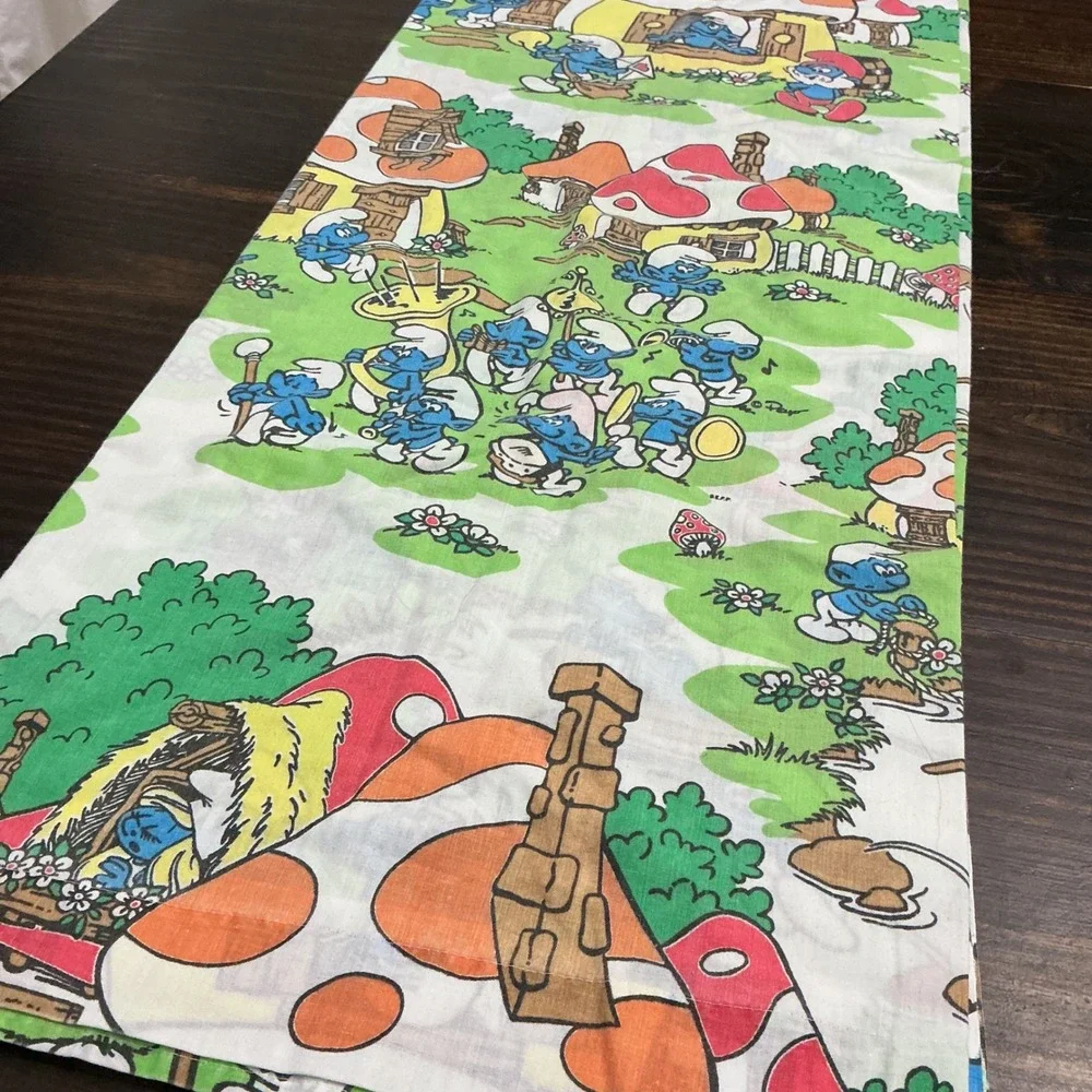 Vintage Lawtex Smurfs Twin Flat Fitted Sheet 80s Smurf Village Mushroom Print